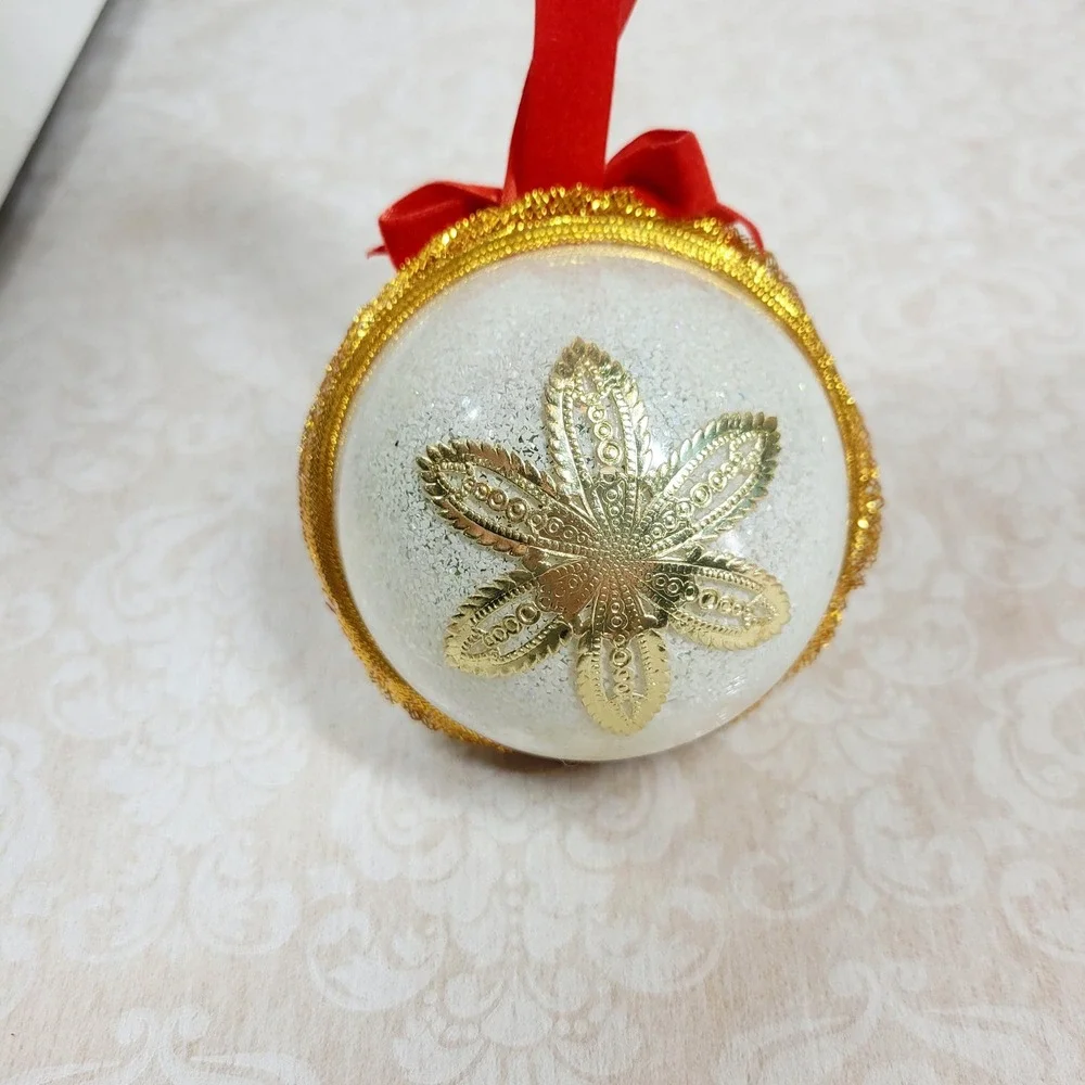 Vintage Christmas Diorama Ornament Clear Plastic Ball Wooden Skier Figurine Snow